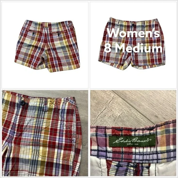 Women's Eddie Bauer 8 M Medium Shorts Mercer Fit Khakis Chino Bermuda Red Blue - Picture 1 of 10